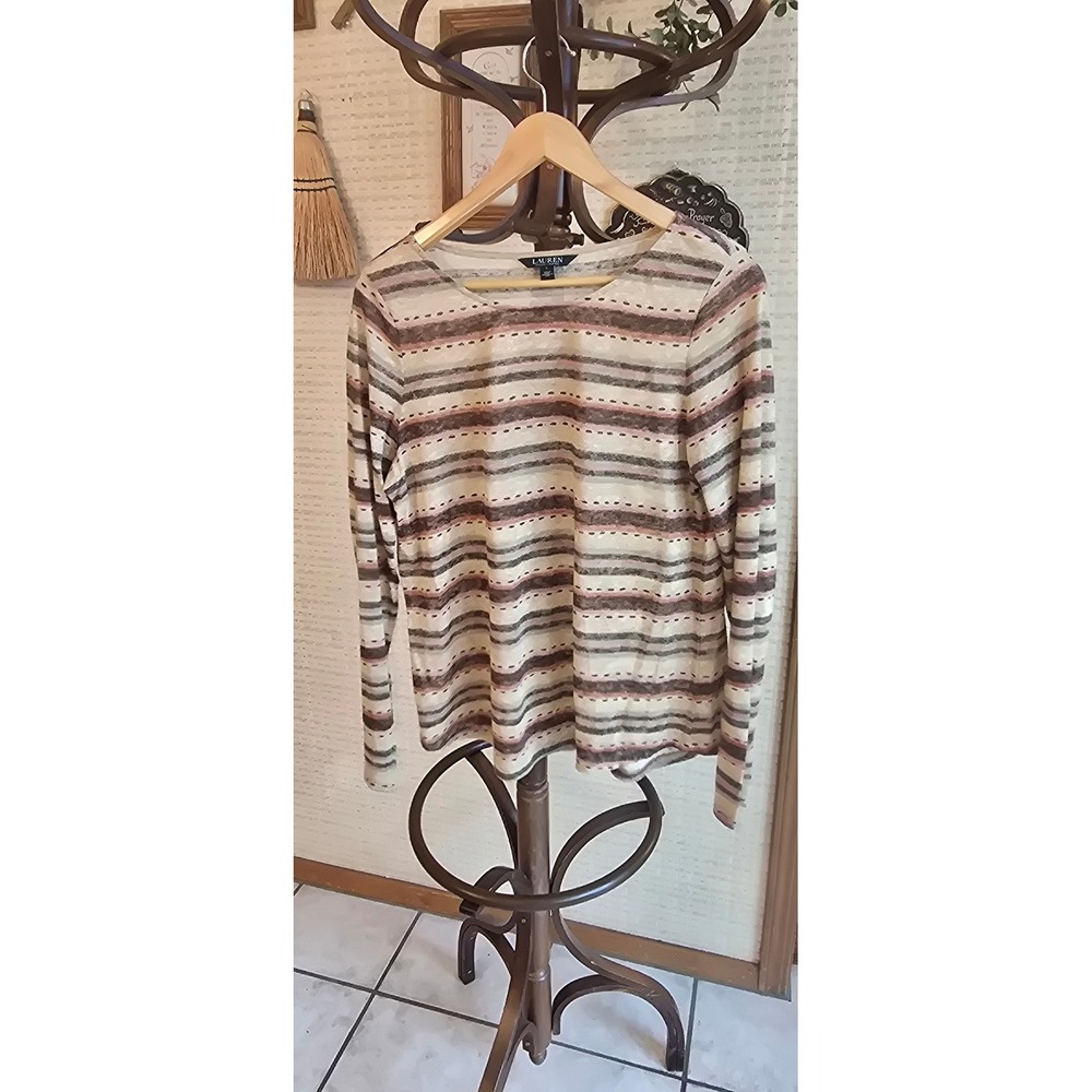 Lauren Ralph Lauren Womens Large Striped Long Sleeve Knit Top Cream Brown Pink